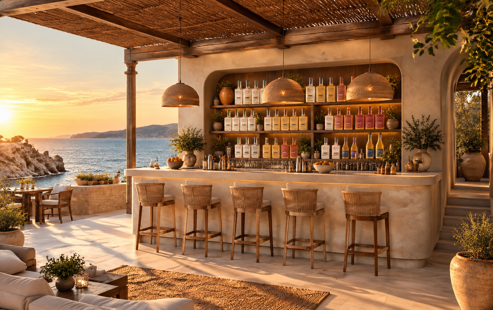 The open-air Playa Yéyo coastal bar with Yéyo bottles arranged by expression on the back-bar shelves