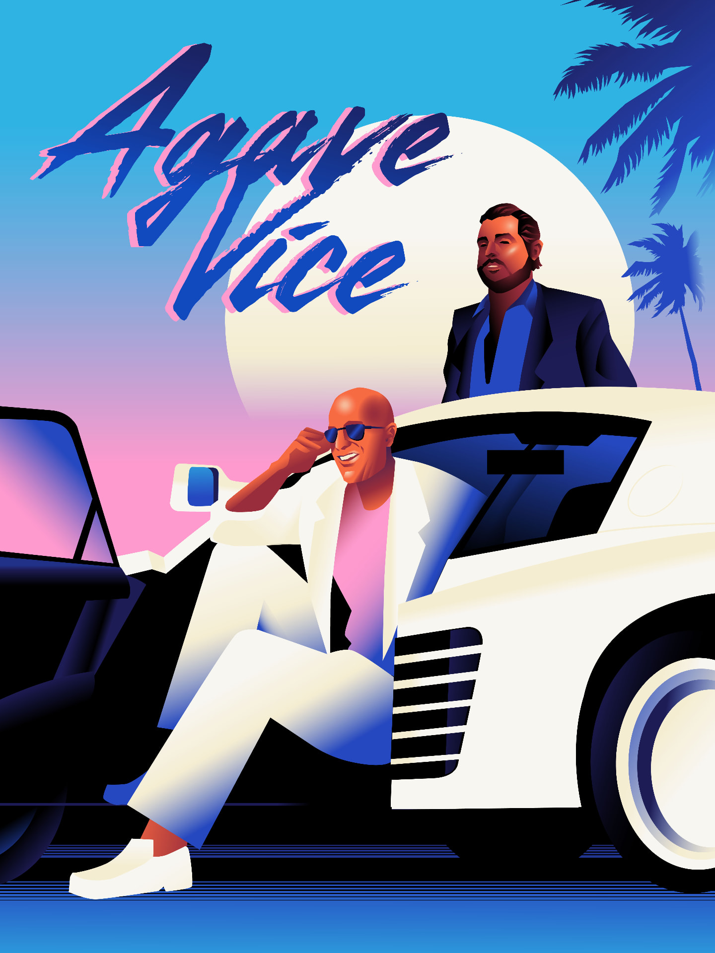 Agave Vice artwork: two illustrated characters with a white car under a pink and blue sunset