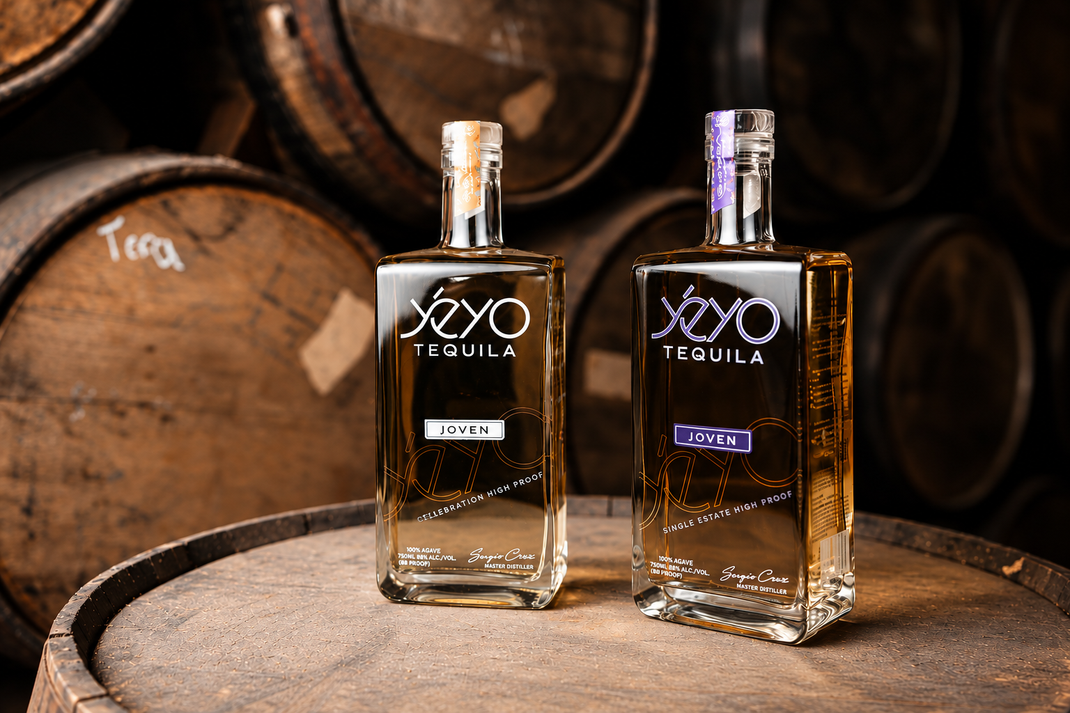 Two official Yéyo Joven bottles in the barrel room