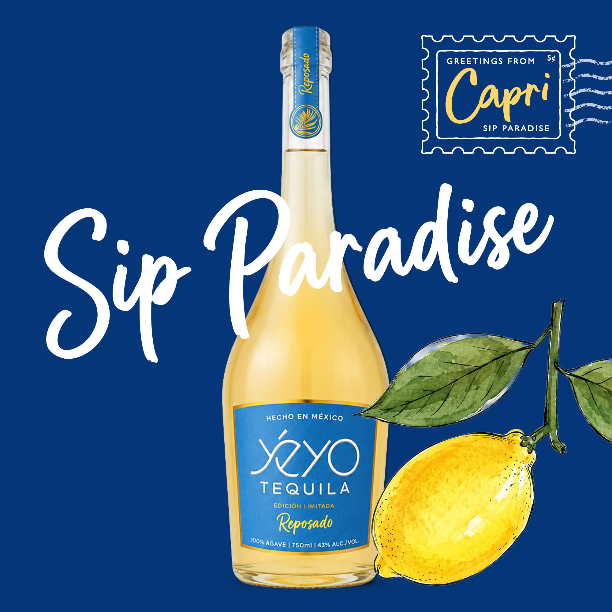 Sip Paradise — Yéyo CAPRI bottle with a lemon and a Greetings from Capri stamp on deep blue
