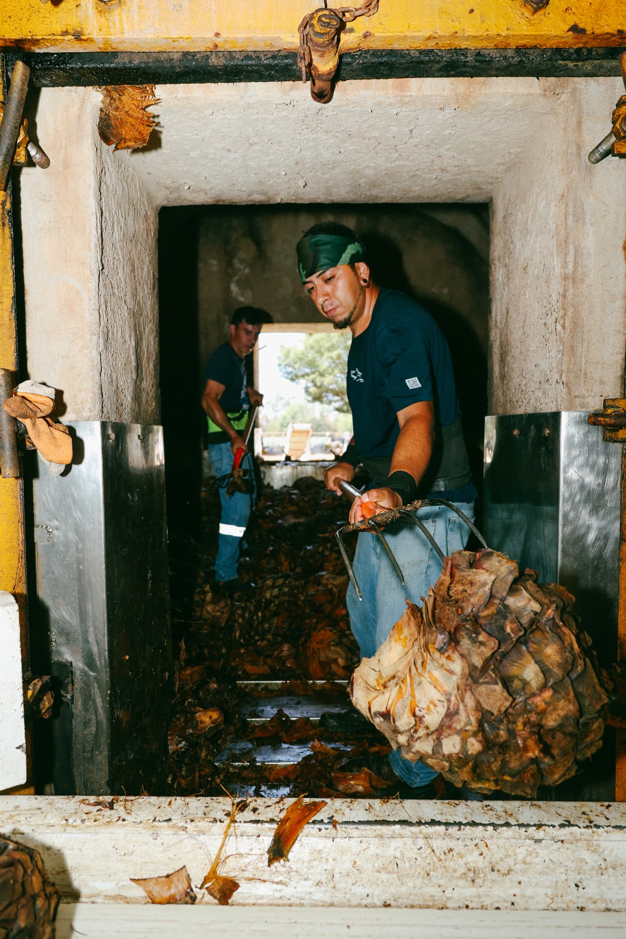 A worker pulling cooked agave piñas from a brick oven at NOM 1414 in Arandas, Jalisco