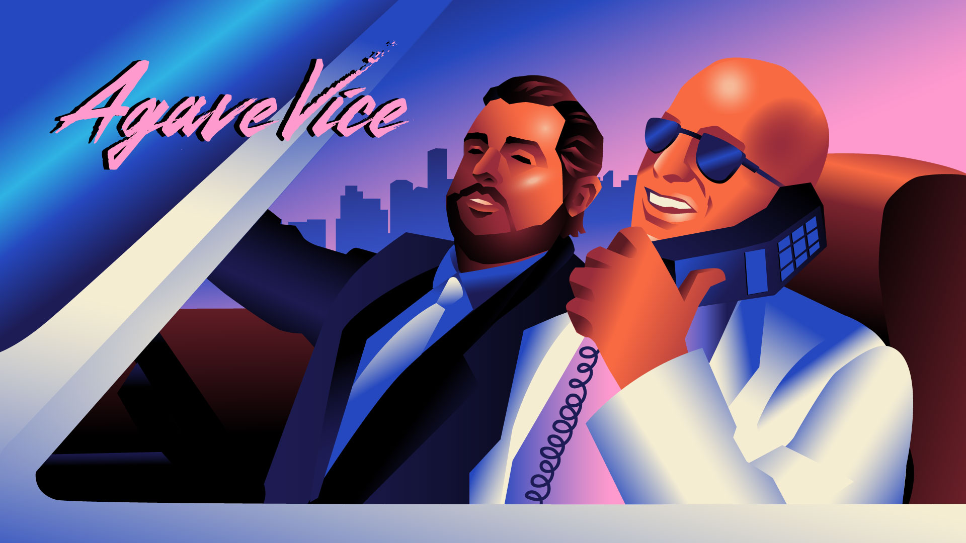 Agave Vice Vol. I artwork by Rodolfo Reyes showing Jon Bullinger and Sergio Cruz in a car