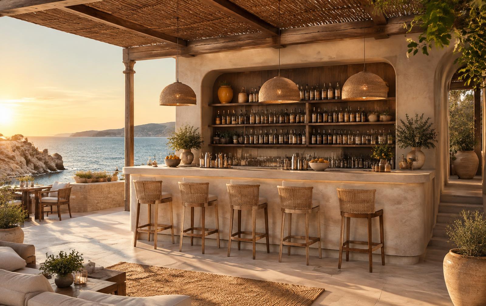 The open-air Beach Bar at Playa Yéyo overlooking the ocean at golden hour