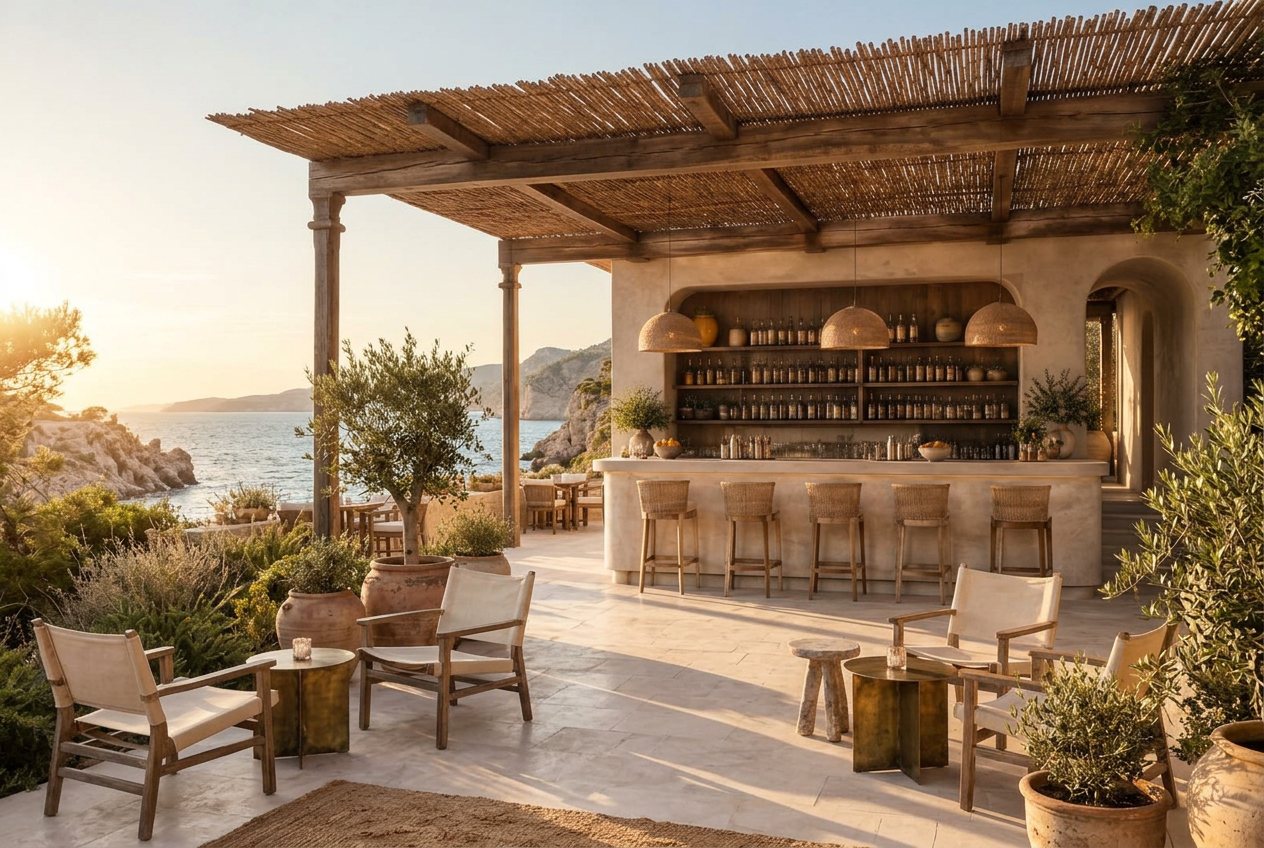 Playa Yéyo's open-air coastal bar and seating overlooking the Mediterranean at golden hour