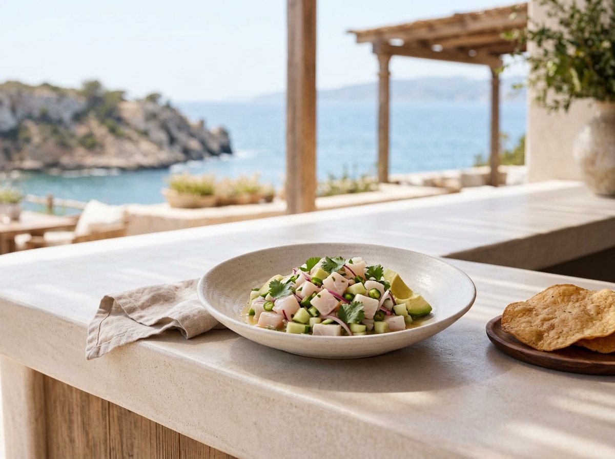 Yéyo Blanco Ceviche with white fish, cucumber, red onion, serrano, cilantro, avocado, and tostadas
