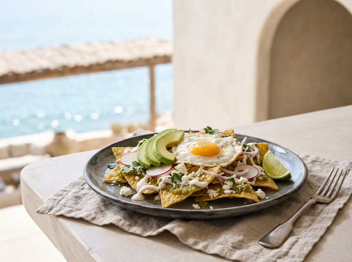 Playa Chilaquiles with salsa verde, egg, avocado, crema, radish, and queso fresco