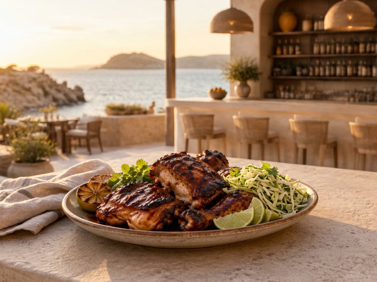 Reposado BBQ Chicken with a lacquered amber glaze and crisp lime slaw at Playa Yéyo