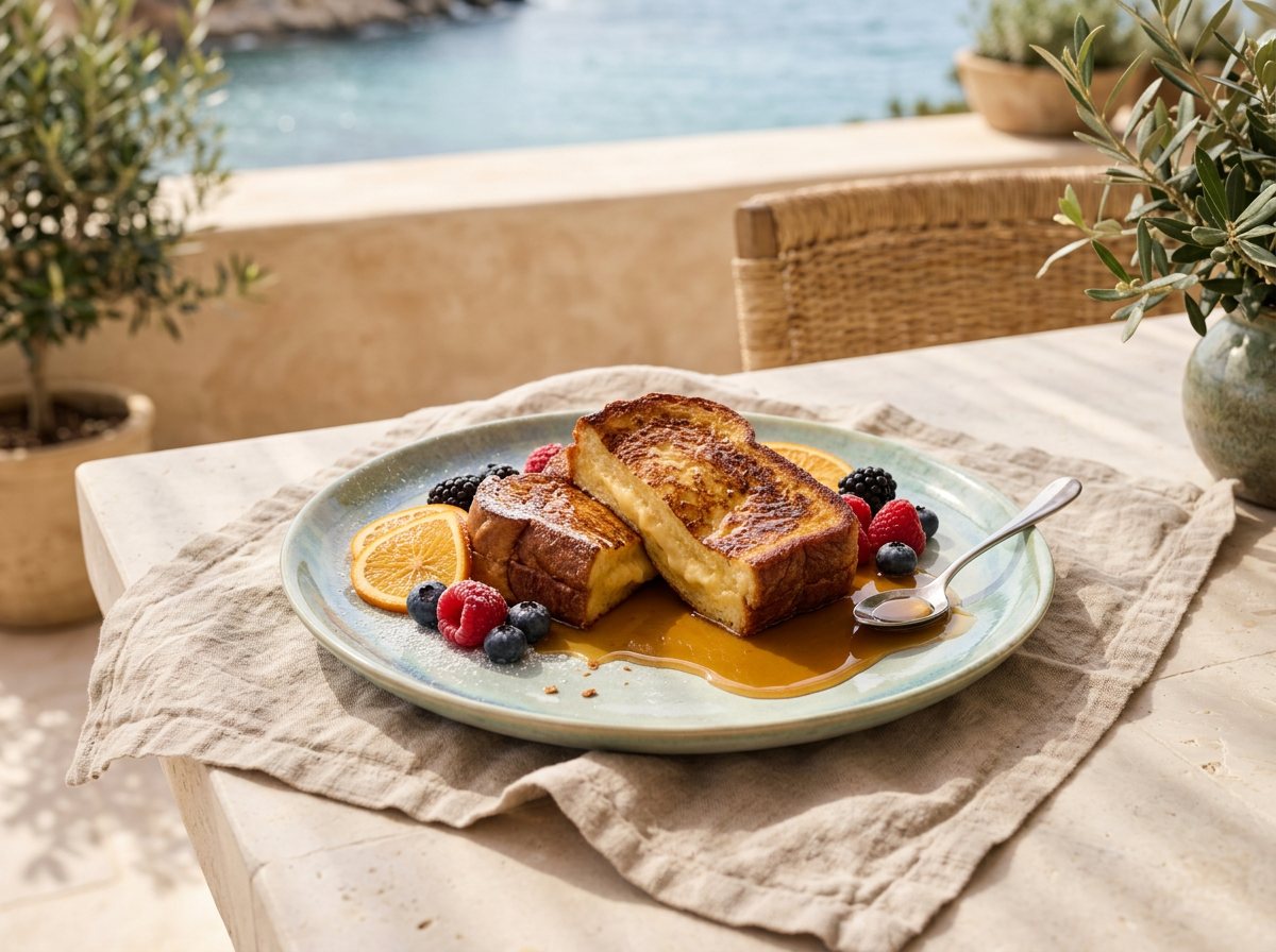 Thick-cut Reposado French Toast with berries, powdered sugar, and maple-orange caramel at Playa Yéyo