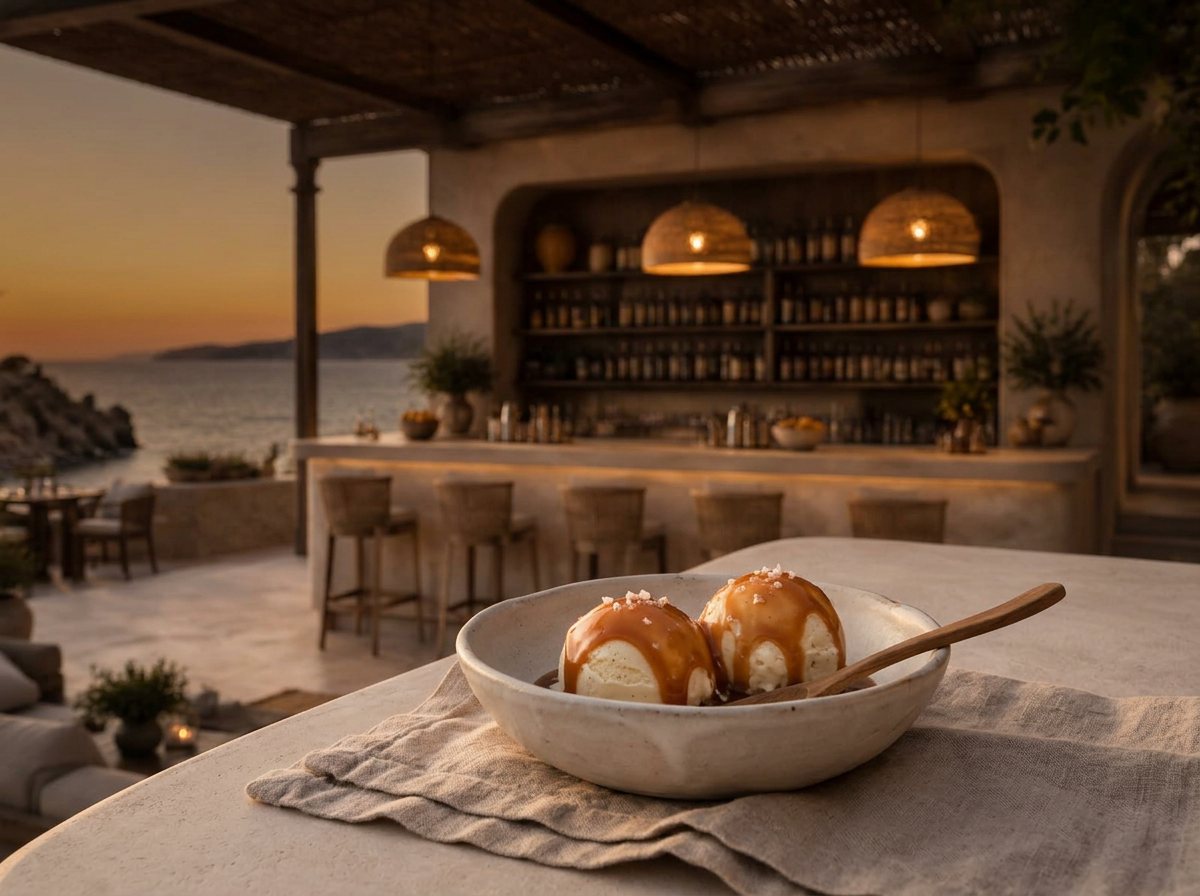 Vanilla ice cream with warm Yéyo Reposado Caramel and flaky sea salt at Playa Yéyo