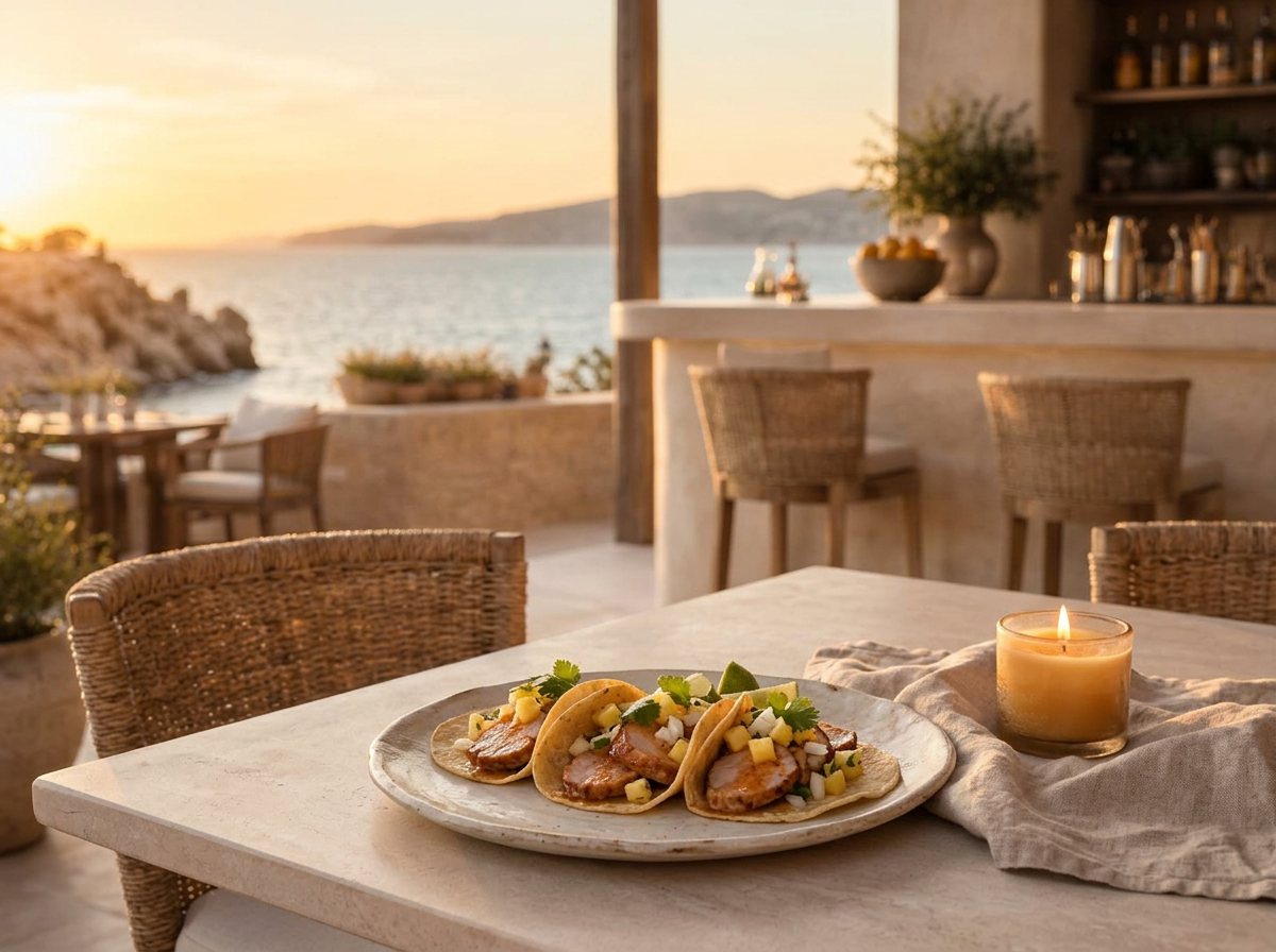 Three Reposado Pork Tacos with orange-chile glazed pork, pineapple, onion, cilantro, and lime