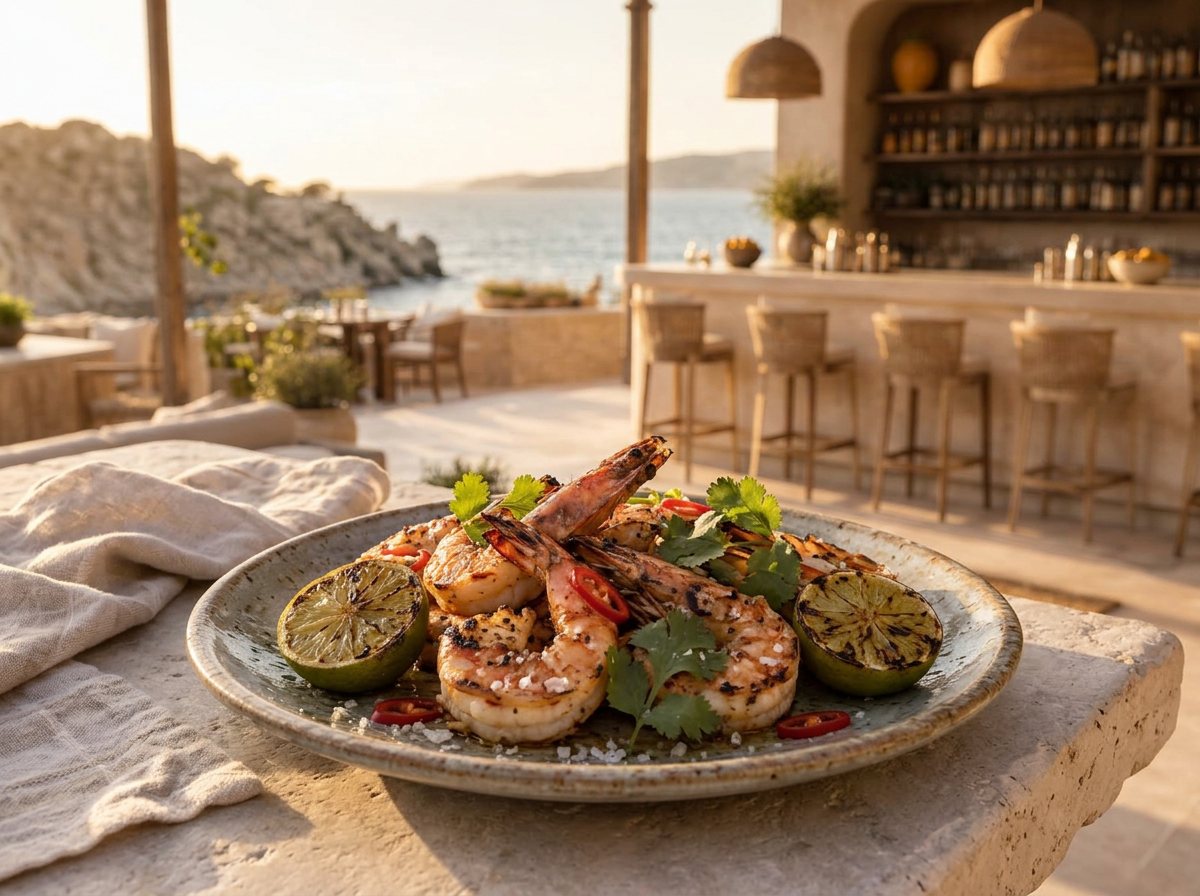 Tequila-Lime Shrimp with charred lime, cilantro, chile, and flaky salt at Playa Yéyo