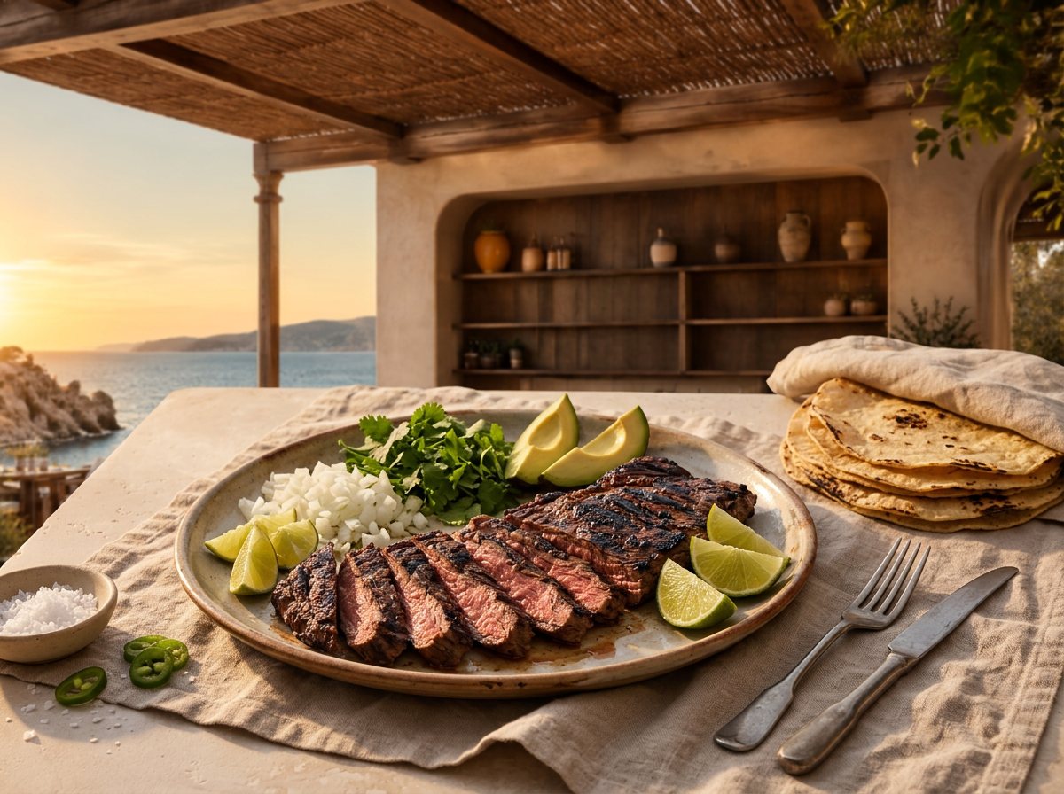 Sliced Yéyo Carne Asada with char, tortillas, avocado, onion, cilantro, and lime