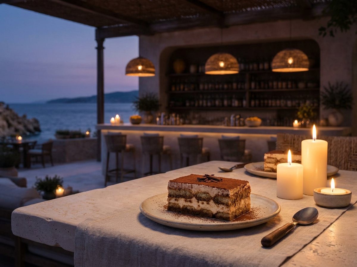 Layered Yéyo Tiramisu with espresso-soaked ladyfingers, mascarpone, cocoa, and dark chocolate