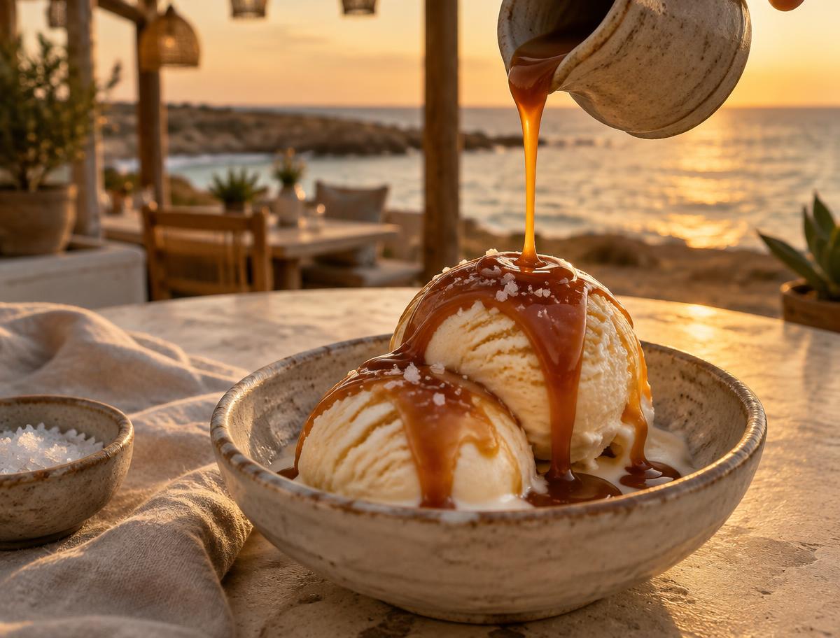 Vanilla ice cream with warm Yéyo Reposado Caramel and sea salt at sunset