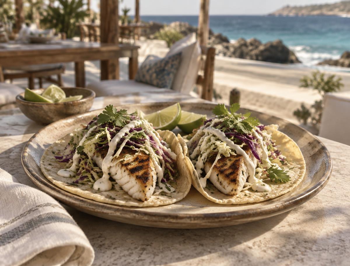 Grilled fish tacos finished with Yéyo Citrus Crema at Playa Yéyo
