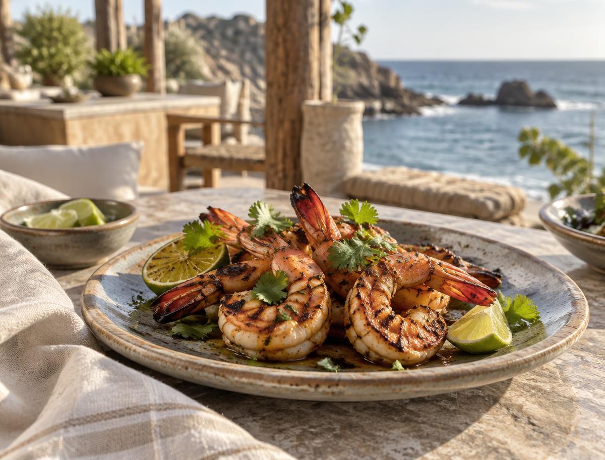 Grilled citrus-marinated shrimp with lime and herbs at Playa Yéyo