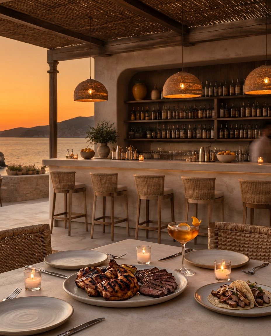 Reposado BBQ chicken, carne asada, pork tacos, and a cocktail on a sunset dinner table
