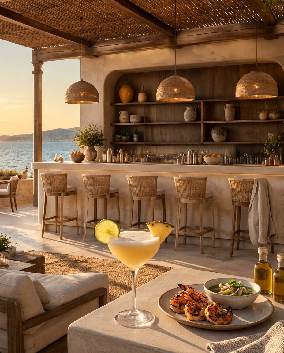 A Tropical Twilight with tequila-lime shrimp and aguachile in golden light