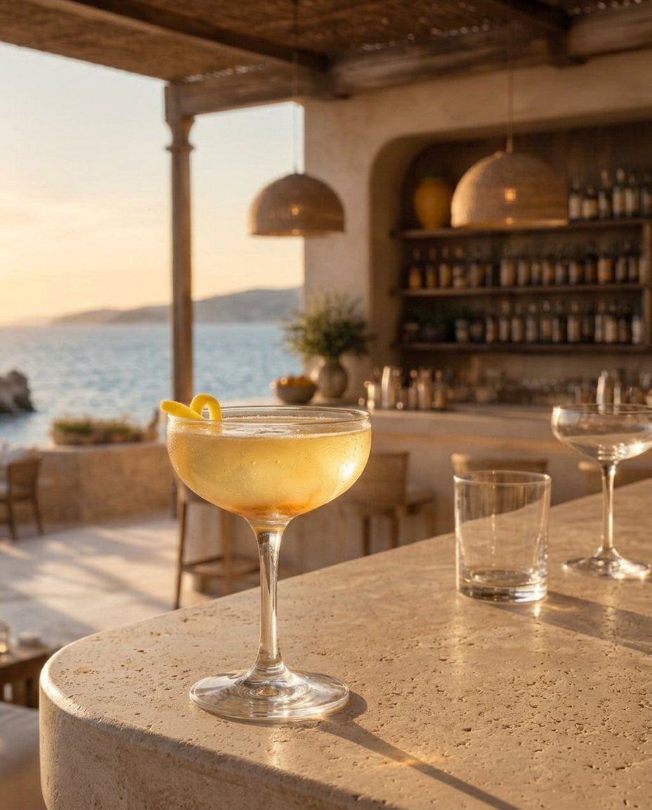 A pale-gold Casa Sol with a lemon peel at the bar