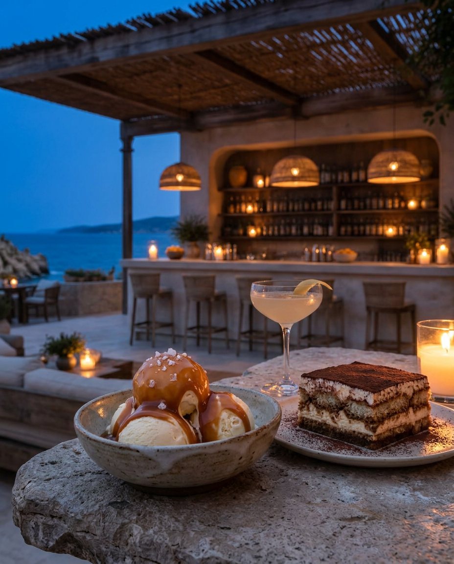 Reposado caramel ice cream and layered tiramisu by candlelight