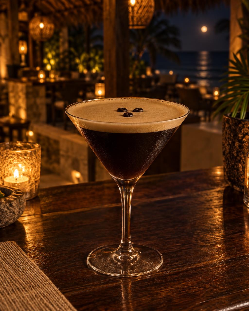 The Tijuana Speedball in a stemmed glass with three coffee beans at the darkened Playa Yéyo bar
